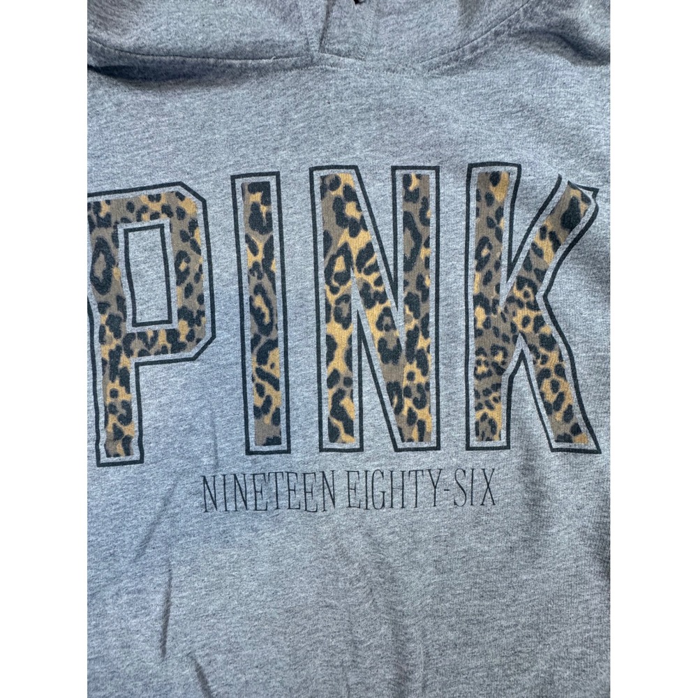 Victoria's Secret PINK Gray Leopard Print Logo Hoodie Sweatshirt Medium - Picture 4 of 6